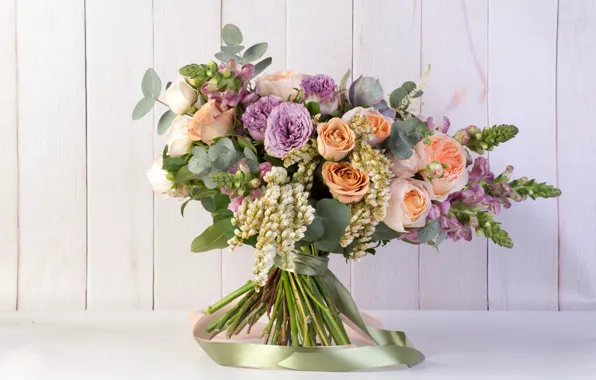 Greens, roses, bouquet, gillyflower