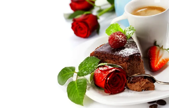 Flowers, raspberry, coffee, roses, strawberry, Cup, cake, rose