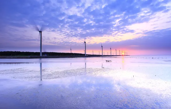 The sky, water, the sun, clouds, sunset, Strait, reflection, pink