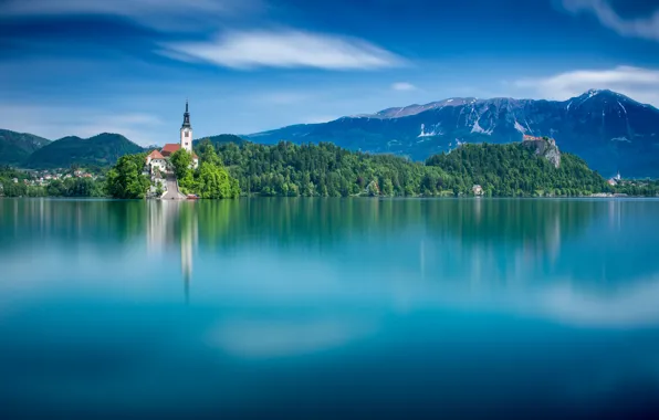 Mountains, lake, island, water surface, Slovenia, Lake Bled, Slovenia, Lake bled