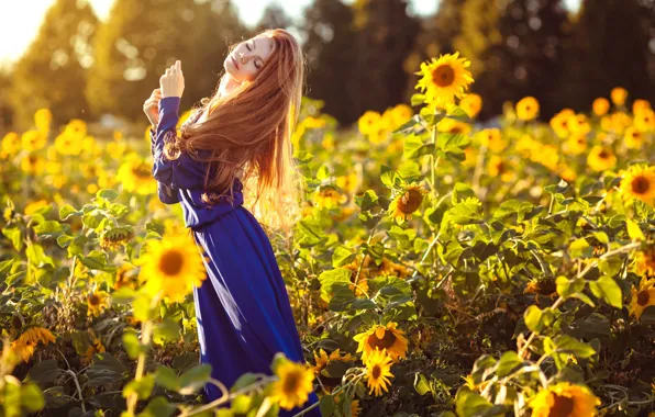 Summer, girl, sunflowers, dress, Maria Lazareva