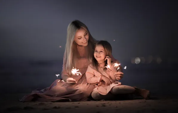 Background, mood, girl, sparklers, mother and daughter
