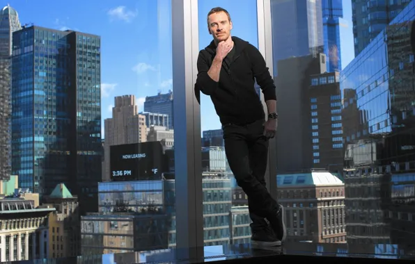 The city, building, home, window, photographer, actor, photoshoot, Michael Fassbender
