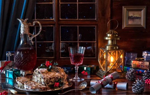 Wine, glass, window, Christmas, pie, lantern, gifts, pitcher