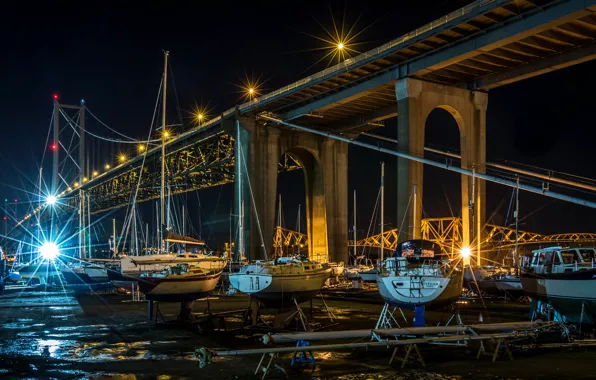 Night, bridge, boats, pier, Scotland, Scotland, Edinburgh, Bridges