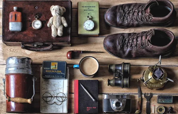 Picture things, watch, books, coffee, tube, shoes, glasses, the camera