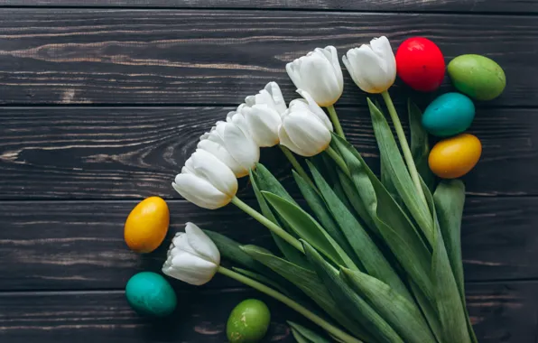 Flowers, eggs, spring, colorful, Easter, tulips, white, white