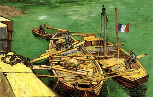 Picture boats, Vincent van Gogh, flag of France, Unloading Sand Barges, Quay with Men