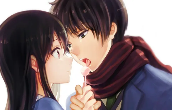 Picture girl, anime, scarf, art, pair, guy, candy, two