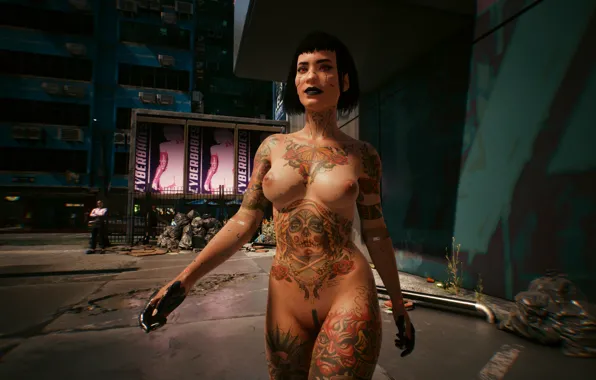 Girl, sexy, game, street, cyberpunk, tatoo, nude, brunette
