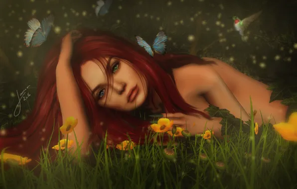 Girl, butterfly, flowers, hair, red