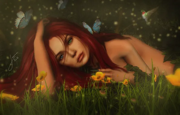 Picture girl, flowers, butterfly, hair, red