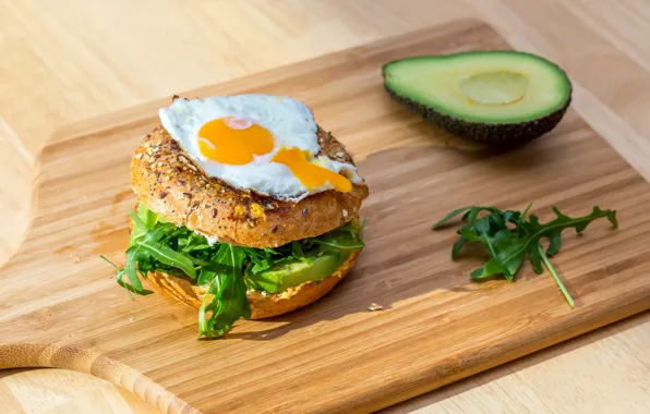 Egg, hamburger, bun, avocado