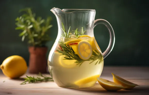 Greens, light, table, tea, drink, pitcher, still life, lemons