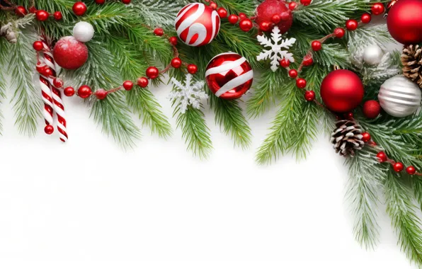 Balls, branches, Christmas, red, white background, New year, needles, bumps