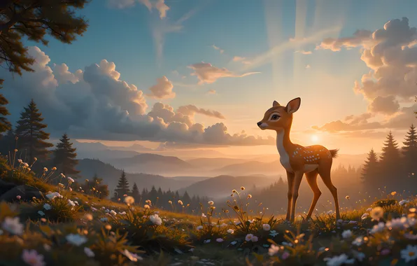 Forest, summer, the sky, the sun, clouds, flowers, fog, dawn