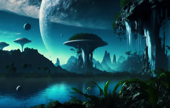 Picture grass, trees, planet, beauty, The moon, illustration, alien planet, another world