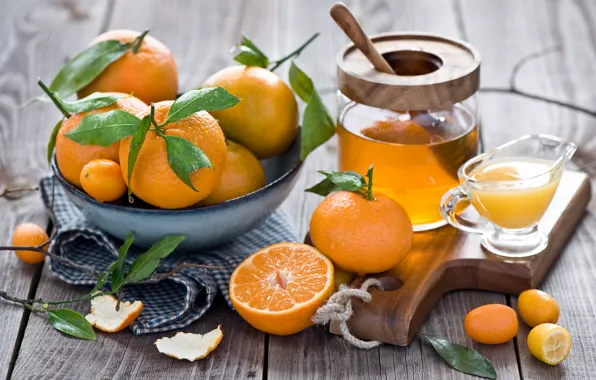 Winter, leaves, juice, honey, dishes, fruit, still life, orange