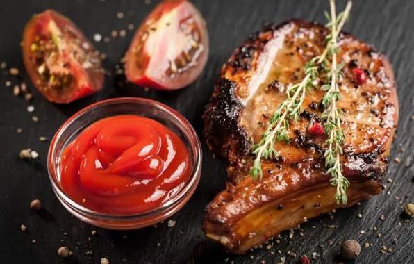 Meat, sauce, ketchup, spices