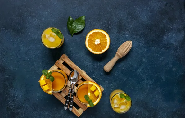 Picture orange, juice, glasses, drink, mango, fresh