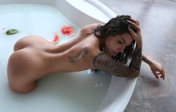 Ass, ass, girl, pose, hands, figure, tattoo, bath
