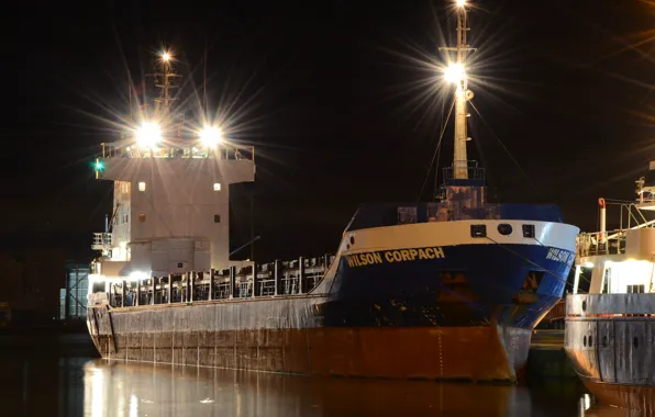 Night, lights, ship, pier, port
