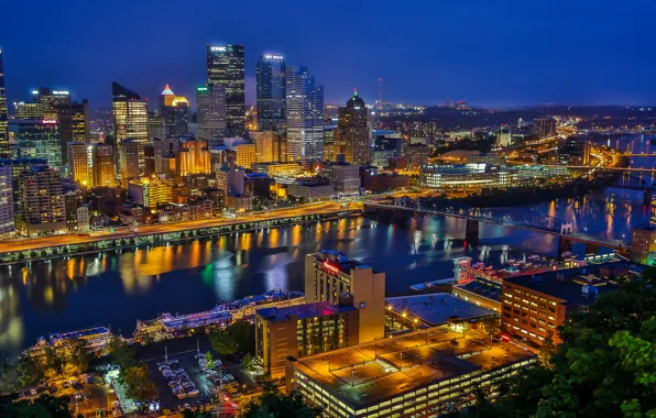 Picture river, building, bridges, night city, PA, skyscrapers, Pennsylvania, Pittsburgh