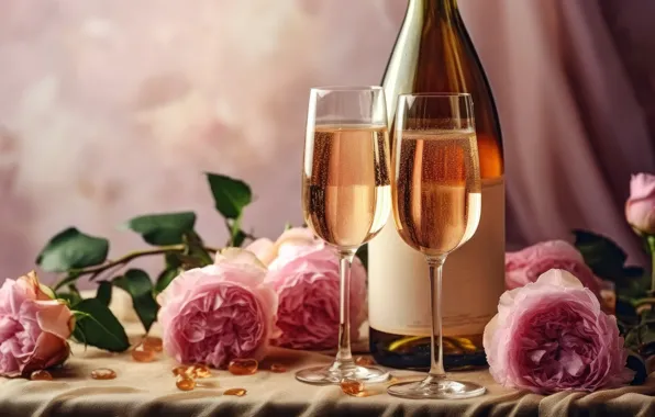 Leaves, flowers, table, holiday, wine, bottle, roses, bouquet