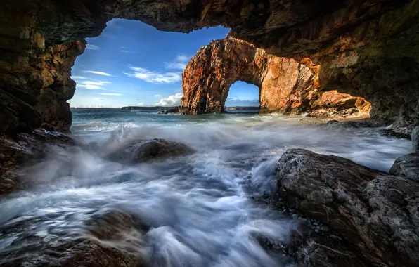 Sea, wave, clouds, stones, the ocean, rocks, shore, surf