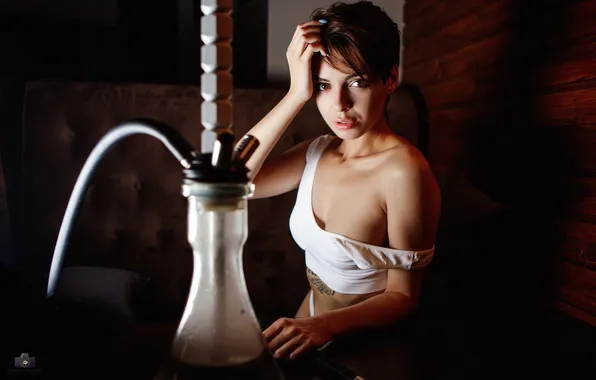 Short hair, model, women, brunette, hands on head, looking at viewer, inked girls, Tania Frost