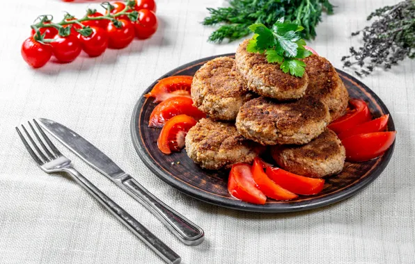 Picture parsley, tomatoes, plug, plate, knife, Patty