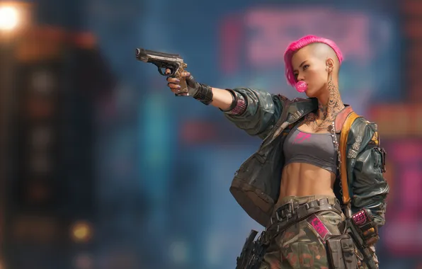 City, pink hair, cyberpunk, women, girls with guns, aiming, abs, depth of field