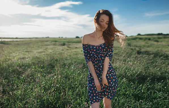 Summer, the sky, girl, nature, pose, the wind, hair, dress