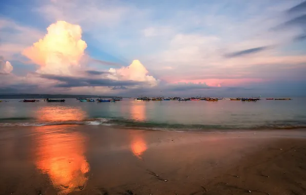Picture beach, sunset, boats, Bali