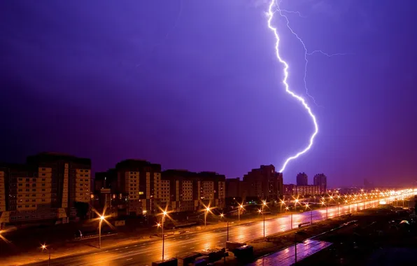 The storm, light, the city, lightning, track, the evening, lights