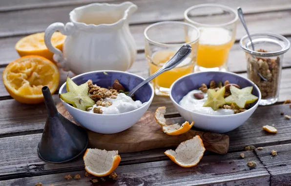 Mess, oranges, juice, dishes, nuts, peel, crumbs, after Breakfast