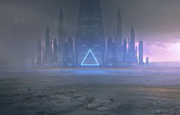 Sea, snow, sunset, the city, the ocean, ice, cyberpunk, cyberpunk