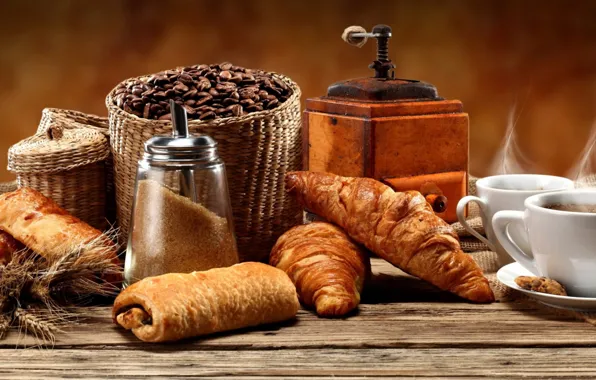 Coffee, grain, sugar, croissant, coffee grinder
