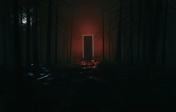 Forest, night, glow, the portal, the door, art, portal, horror