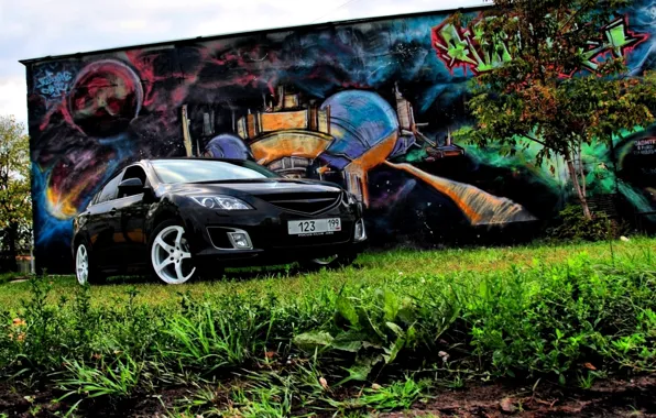 Tree, Grass, Graffiti, Mazda 6