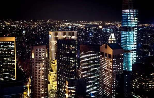 Picture light, night, the city, lights, Windows, building, New York, skyscrapers