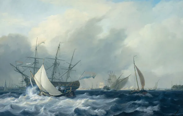 Picture picture, seascape, Nicolaas Baur, Warship Amsterdam