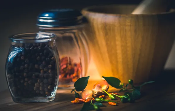 Pepper, garlic, seasoning