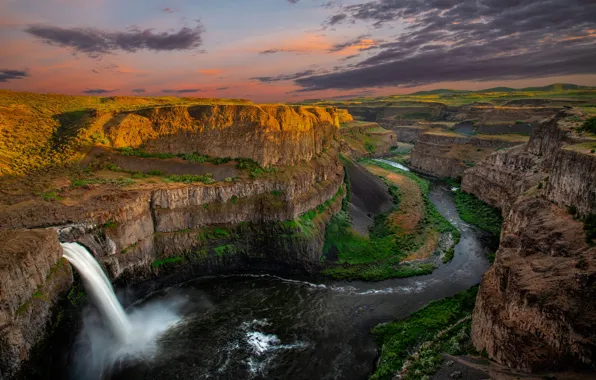 Clouds, light, mountains, river, rocks, height, waterfall, Washington
