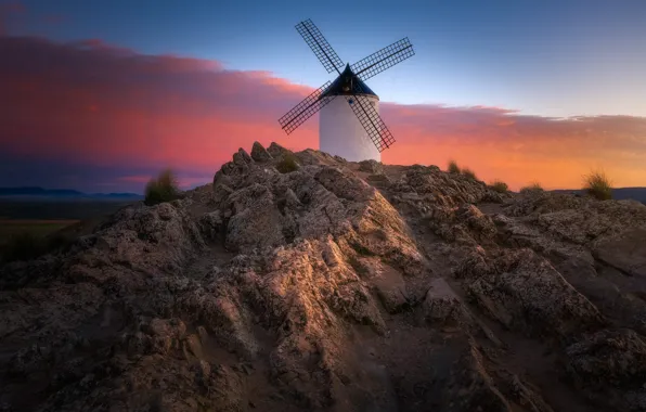 Sunset, stones, rocks, hill, windmill