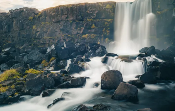 Stones, open, vegetation, waterfall, the rapid flow, raw stones