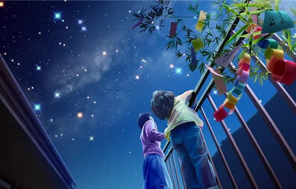 Night, children, holiday, starry sky, Yutaka Kagaya, yutaka kagaya