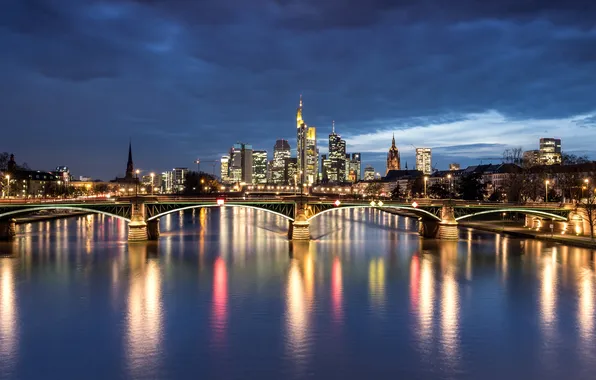 Night, bridge, lights, river, home, Germany, lights, Frankfurt