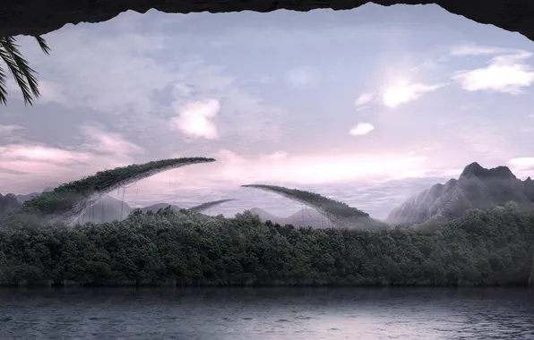 Trees, mountains, river, jungle, cave