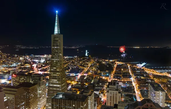 Night, lights, height, skyscrapers, CA, USA, megapolis, California